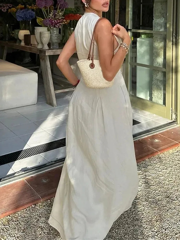 Robe longue à fermeture éclair pour femme sans manches, plissée