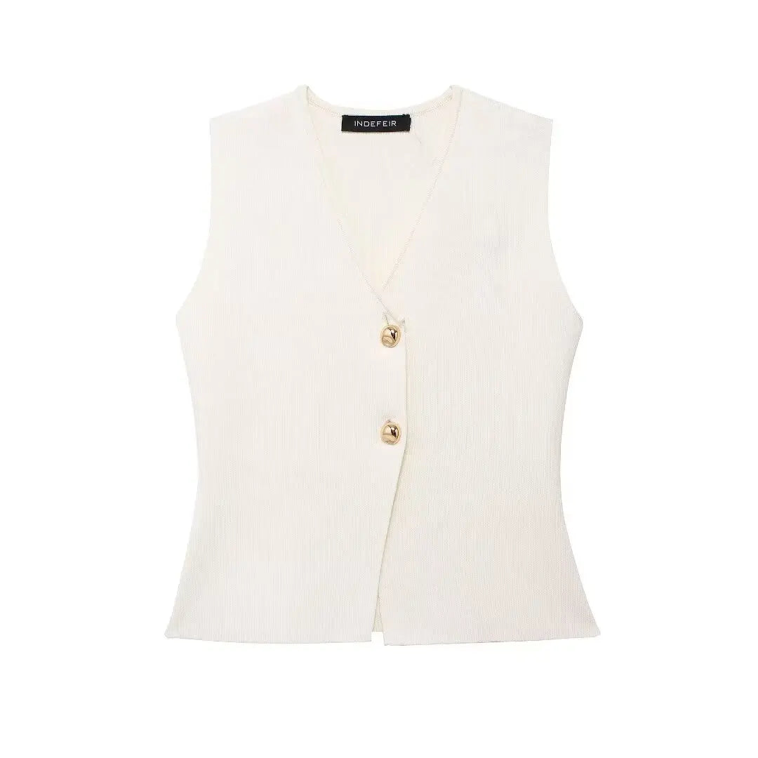 Gilet court en tricot pour femme sans manches, boutonné