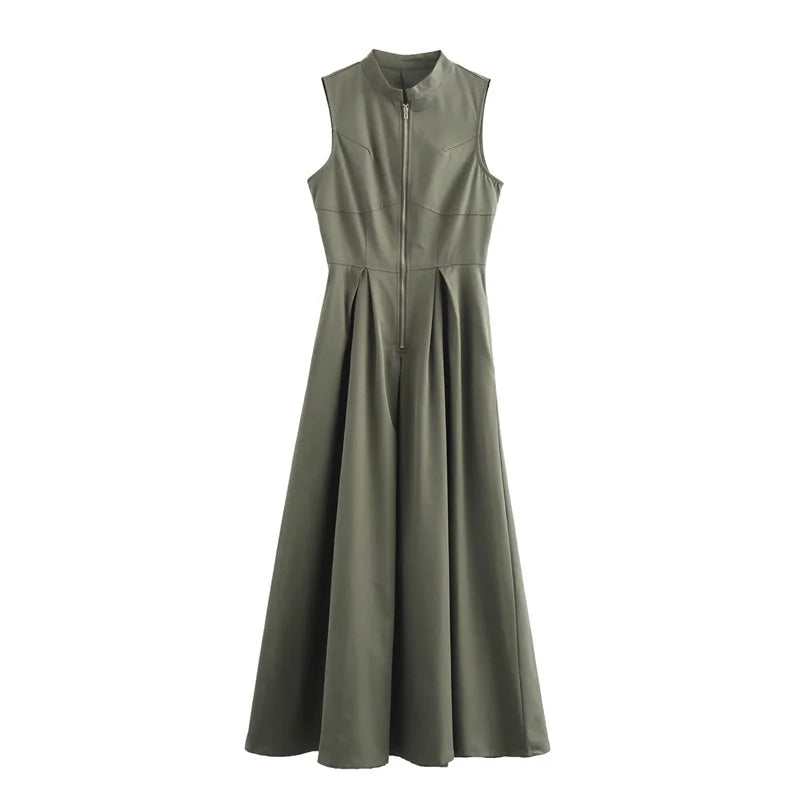 Robe longue à fermeture éclair pour femme sans manches, plissée