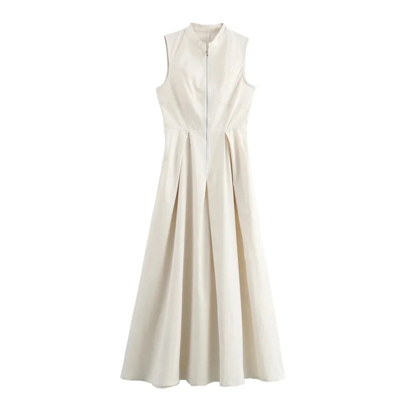 Robe longue à fermeture éclair pour femme sans manches, plissée