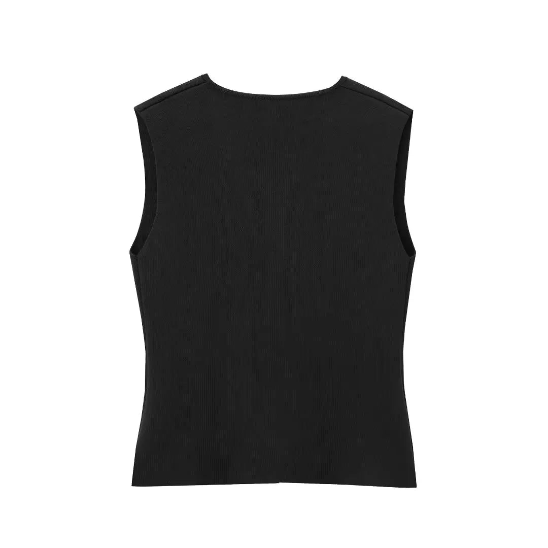 Gilet court en tricot pour femme sans manches, boutonné