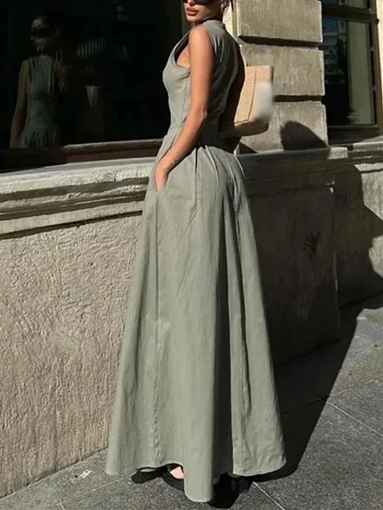 Robe longue à fermeture éclair pour femme sans manches, plissée
