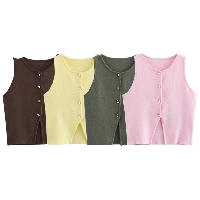 Gilet court en tricot rose sans manches pour femme