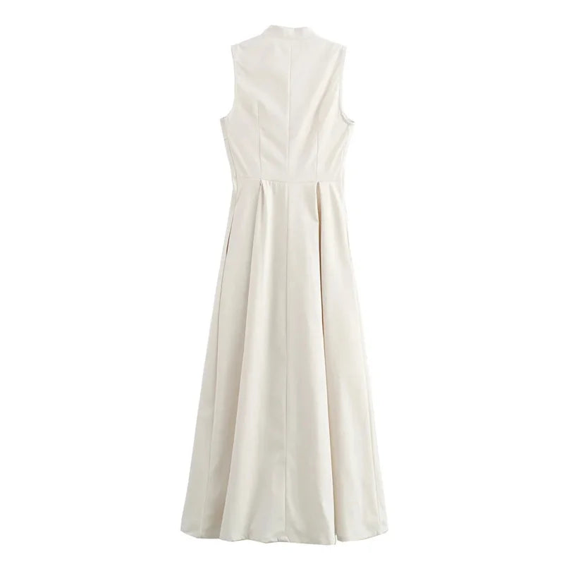 Robe longue à fermeture éclair pour femme sans manches, plissée