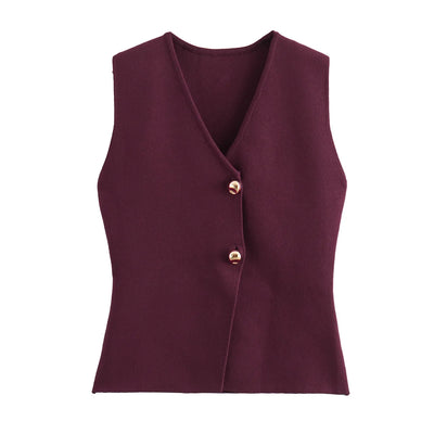 Gilet court en tricot pour femme sans manches, boutonné