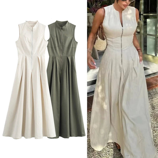 Robe longue à fermeture éclair pour femme sans manches, plissée
