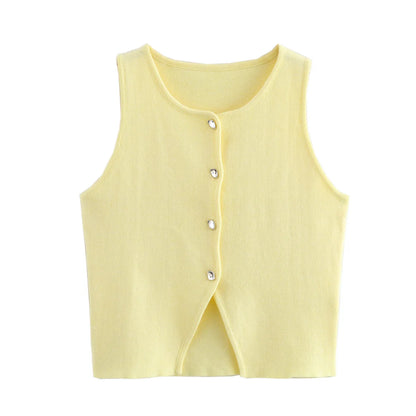 Gilet court en tricot rose sans manches pour femme