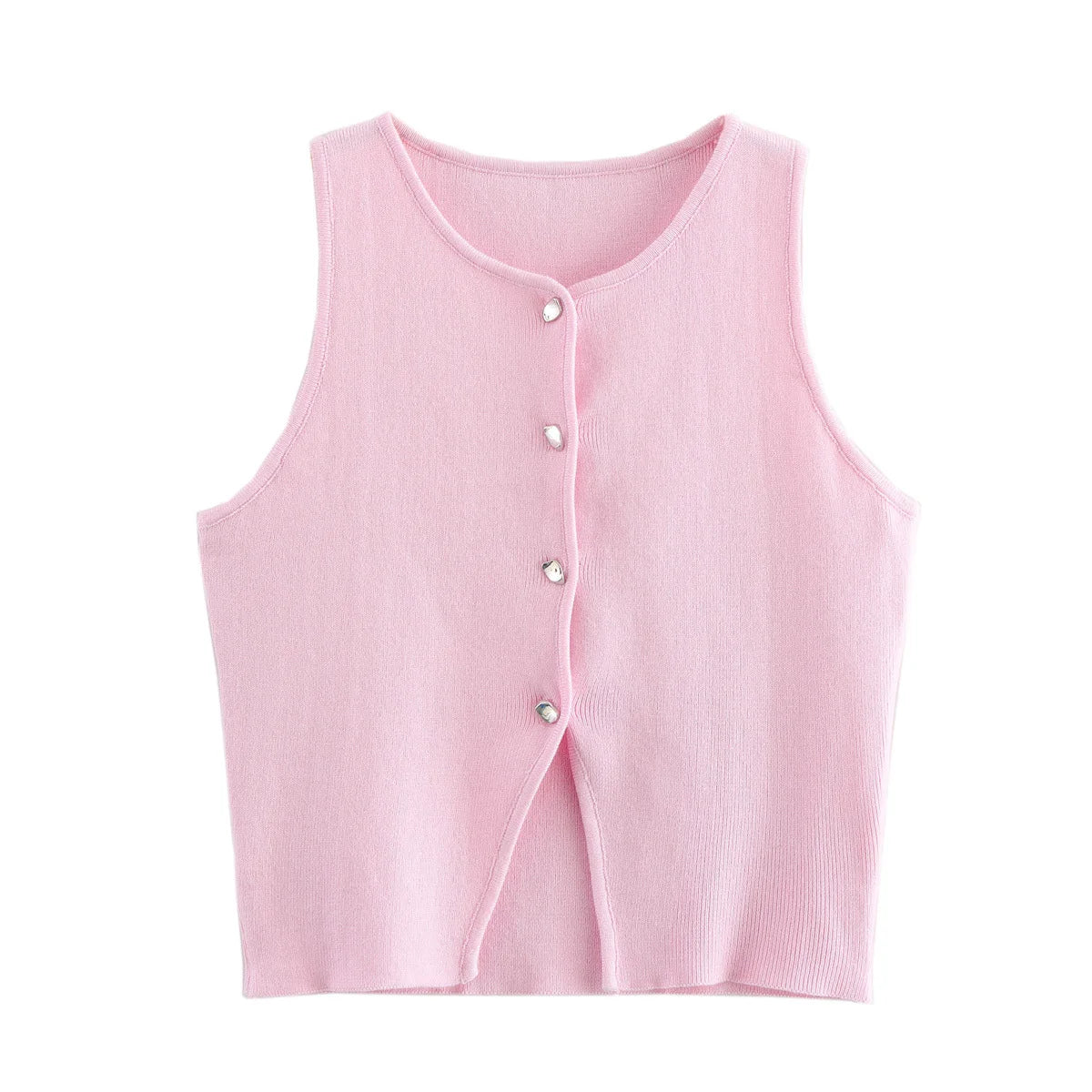 Gilet court en tricot rose sans manches pour femme