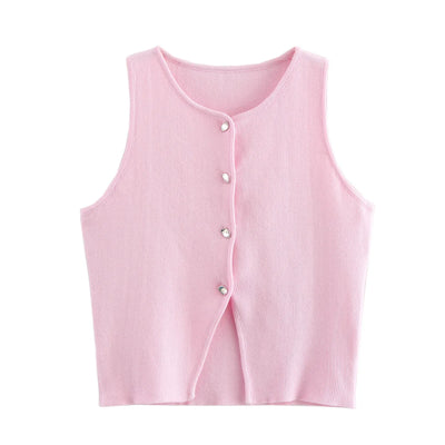 Gilet court en tricot rose sans manches pour femme