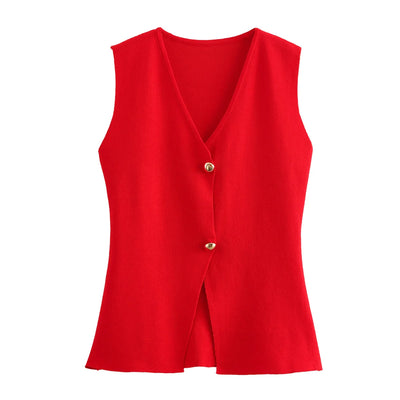 Gilet court en tricot pour femme sans manches, boutonné