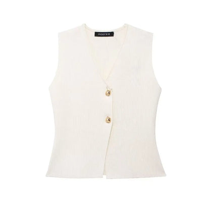 Gilet court en tricot pour femme sans manches, boutonné
