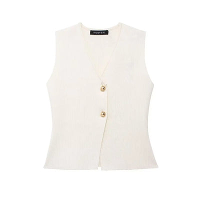 Gilet court en tricot pour femme sans manches, boutonné