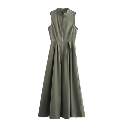Robe longue à fermeture éclair pour femme sans manches, plissée