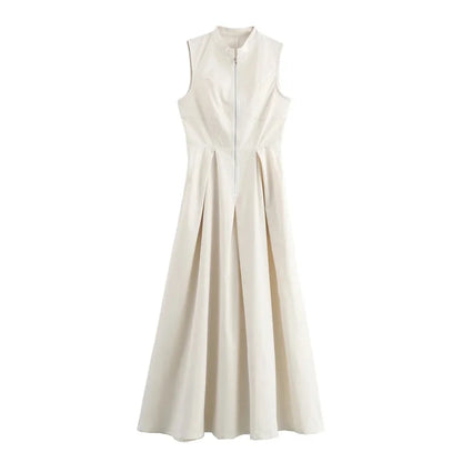 Robe longue à fermeture éclair pour femme sans manches, plissée