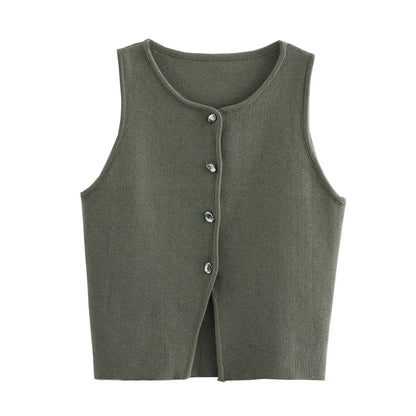 Gilet court en tricot rose sans manches pour femme
