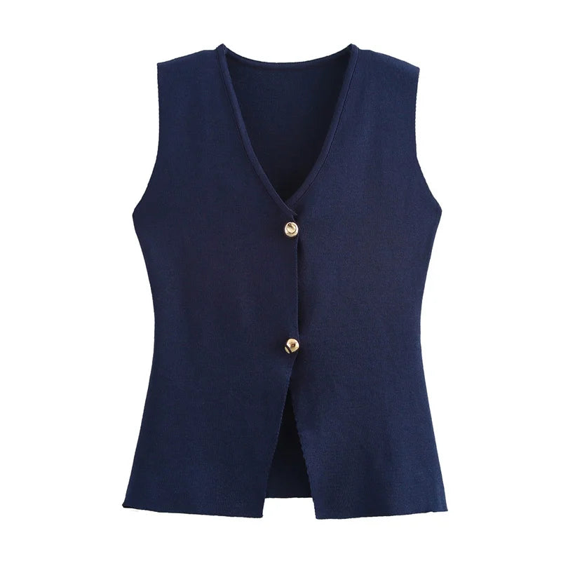 Gilet court en tricot pour femme sans manches, boutonné