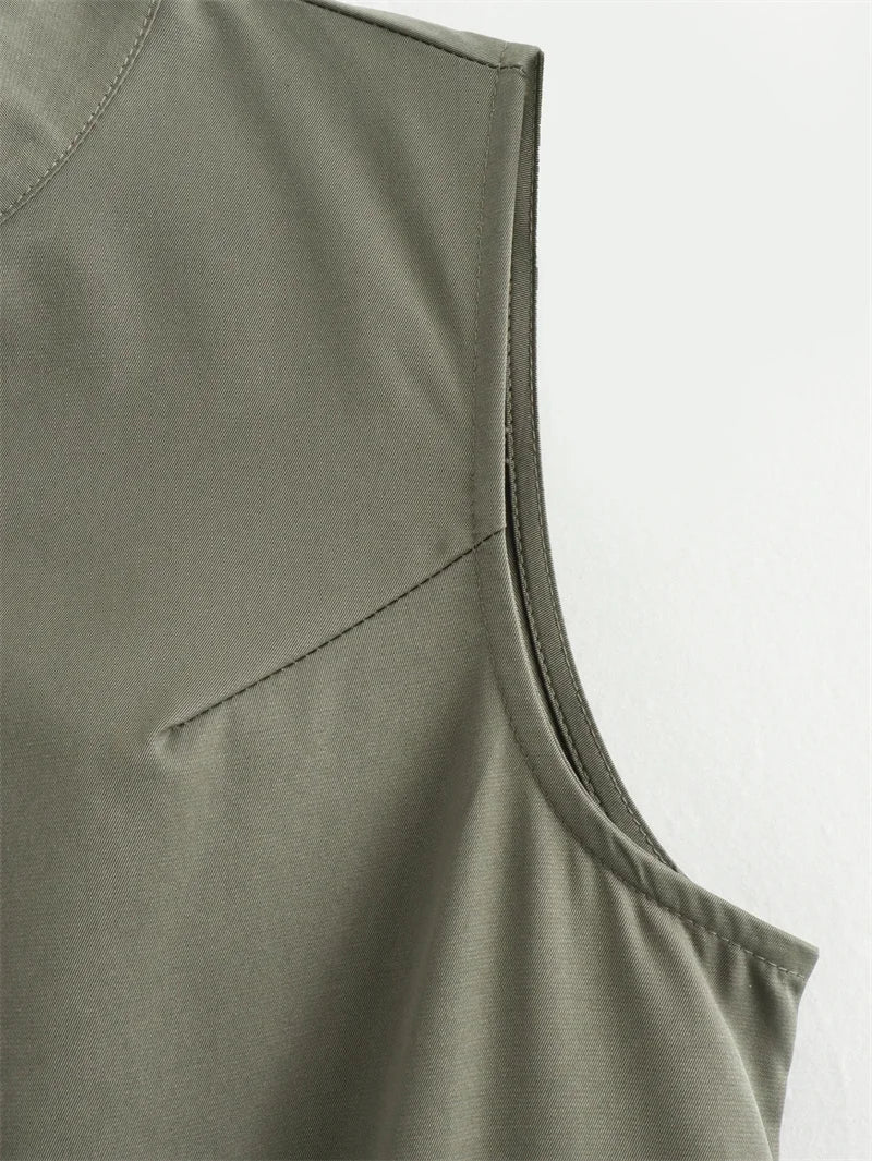 Robe longue à fermeture éclair pour femme sans manches, plissée