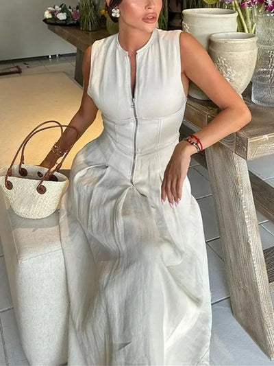 Robe longue à fermeture éclair pour femme sans manches, plissée