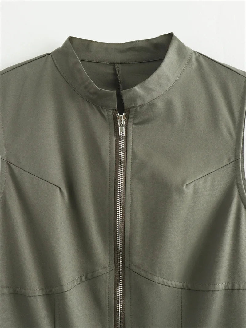 Robe longue à fermeture éclair pour femme sans manches, plissée