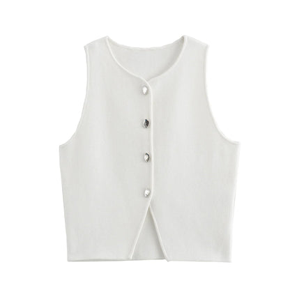 Gilet court en tricot rose sans manches pour femme