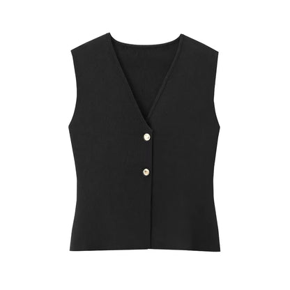 Gilet court en tricot pour femme sans manches, boutonné