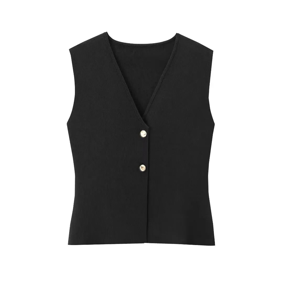 Gilet court en tricot pour femme sans manches, boutonné