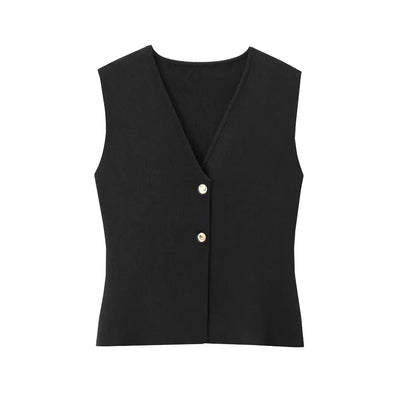 Gilet court en tricot pour femme sans manches, boutonné