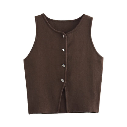 Gilet court en tricot rose sans manches pour femme