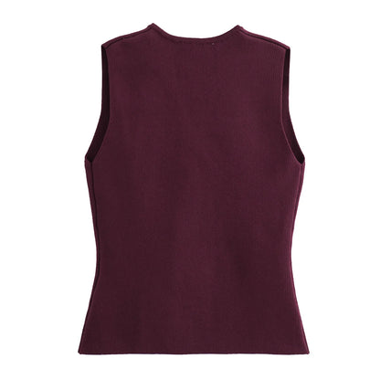 Gilet court en tricot pour femme sans manches, boutonné