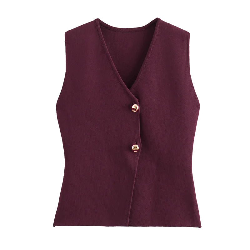 Gilet court en tricot pour femme sans manches, boutonné