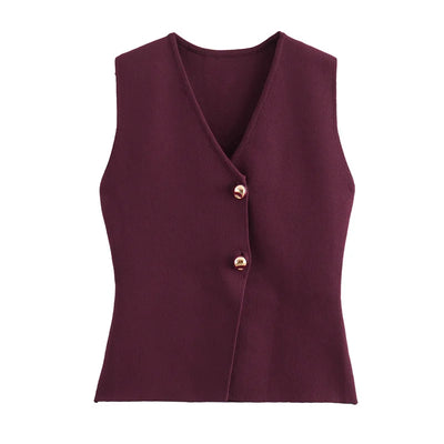 Gilet court en tricot pour femme sans manches, boutonné
