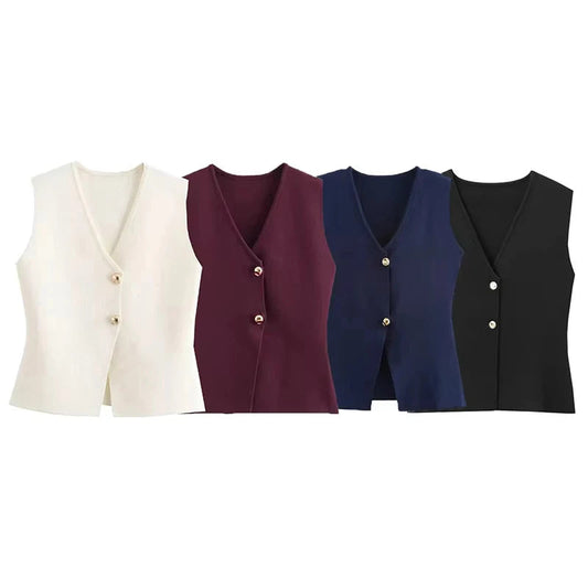 Gilet court en tricot pour femme sans manches, boutonné