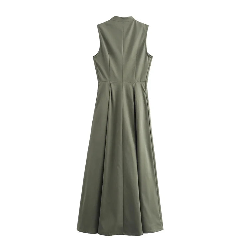 Robe longue à fermeture éclair pour femme sans manches, plissée