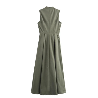 Robe longue à fermeture éclair pour femme sans manches, plissée