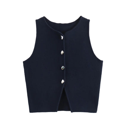 Gilet court en tricot rose sans manches pour femme