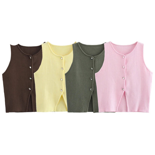 Gilet court en tricot rose sans manches pour femme