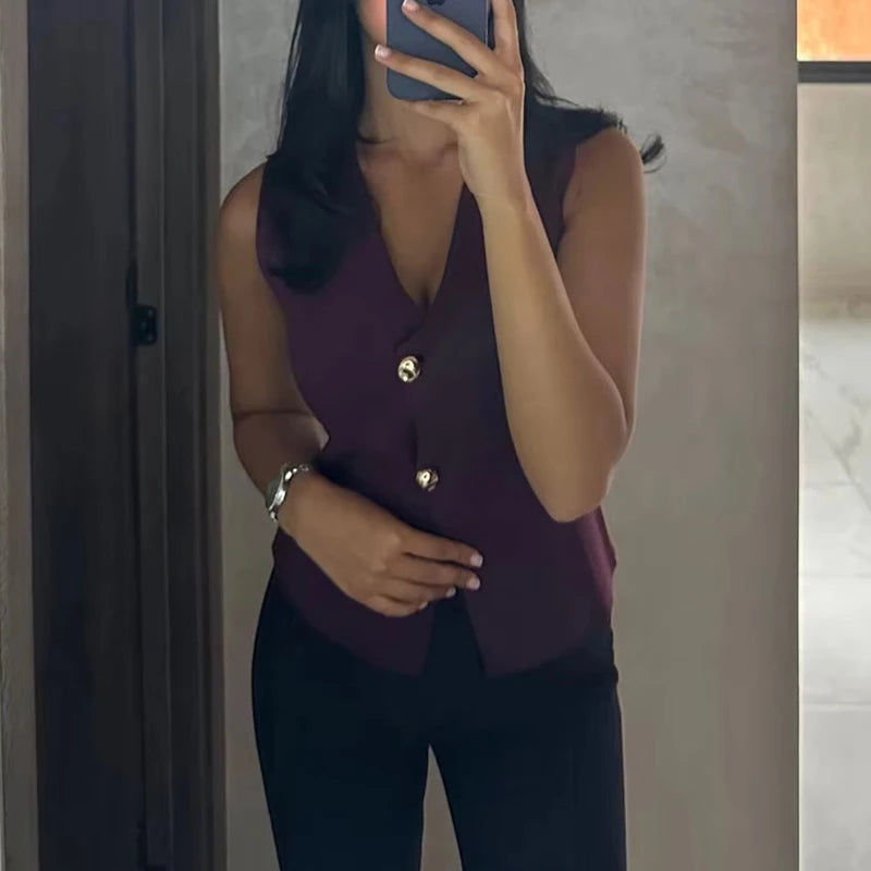 Gilet court en tricot pour femme sans manches, boutonné