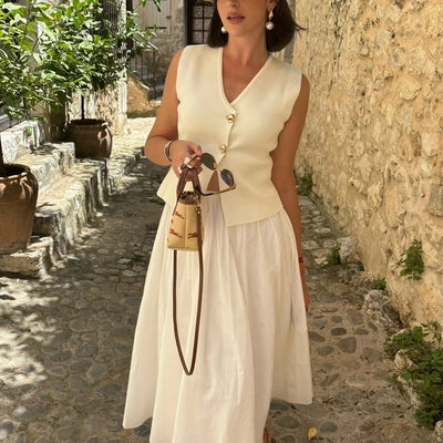 Gilet court en tricot pour femme sans manches, boutonné