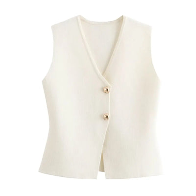 Gilet court en tricot pour femme sans manches, boutonné