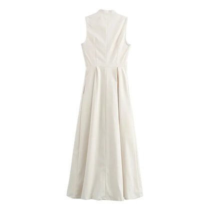 Robe longue à fermeture éclair pour femme sans manches, plissée
