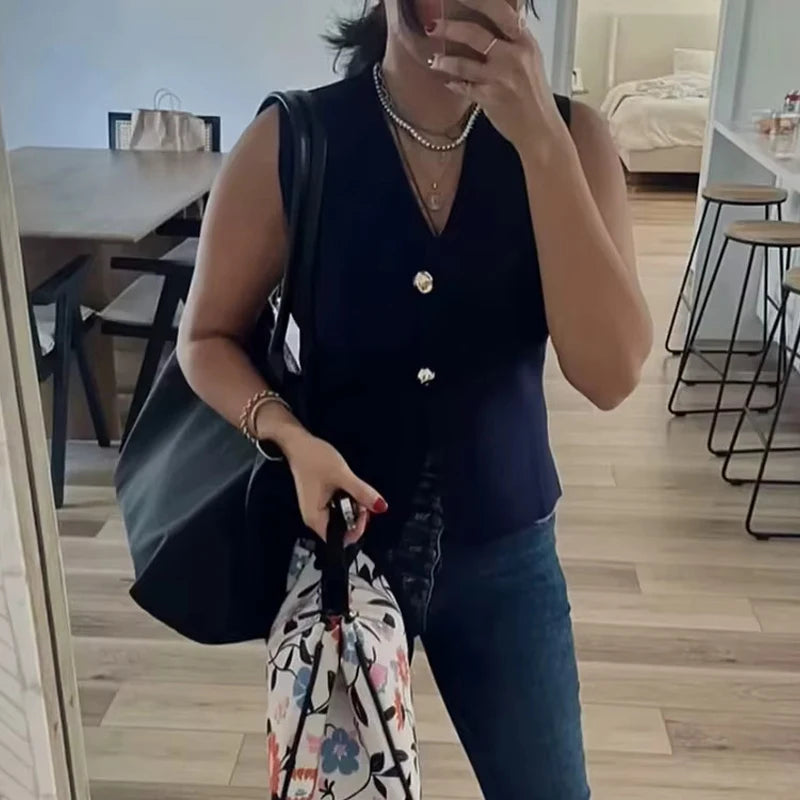 Gilet court en tricot pour femme sans manches, boutonné