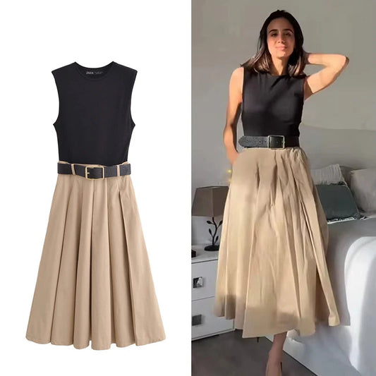 Robes Sans Manches Ceinture Plissée  D'été